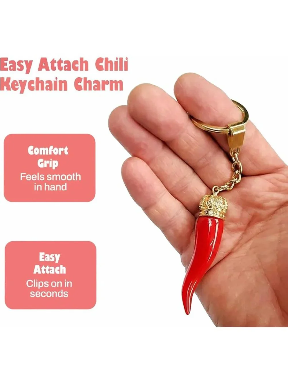 Chili Pepper Keychain with Gold Chain - Italian Red Horn Charm for Good Luck